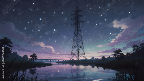 Serene night river landscape under starry twilight sky, digital illustration