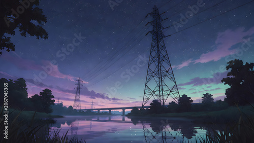 Serene night river landscape under starry twilight sky, digital illustration