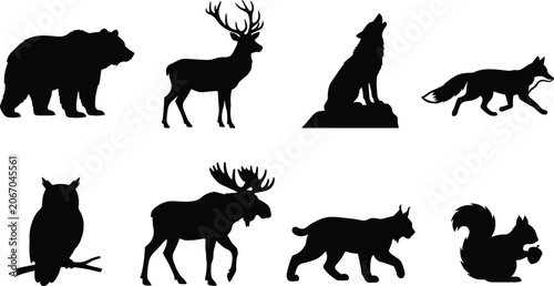 Canvas Print Forest Wildlife Animal Silhouettes Collection Featuring Bear, Deer, Wolf, Fox, O