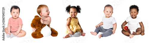 Canvastavla PNG Diverse happy babies sitting together on transparent background