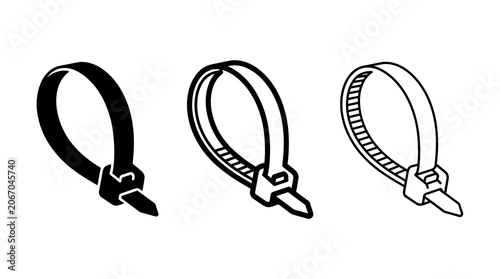 Set of three cable tie designs silhouette outline and linear styles