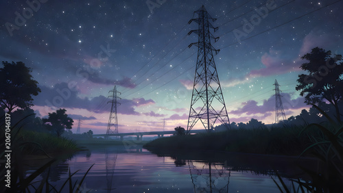 Serene night river landscape under starry twilight sky, digital illustration