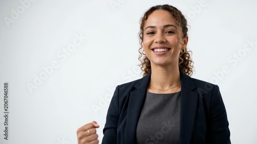 Confident businesswoman smiling and flexing her arm while sitting at an office desk. Concept of female leadership, empowerment, success, confidence, and career growth.