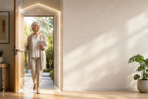 Senior Woman Entering Safe Digital Access Doorway
