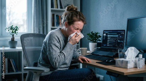 Woman Sneezing While Working From Home With Illness