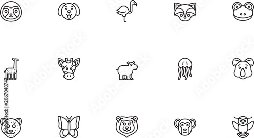 Canvas Print Wild animals, zoo fauna and pet faces outline vector icon set