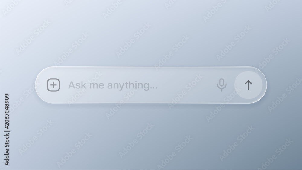 Naklejka premium Artificial intelligence search bar with ask me anything prompt. Modern frosted glass user interface element for chat application. Digital query input field for future technology interaction.