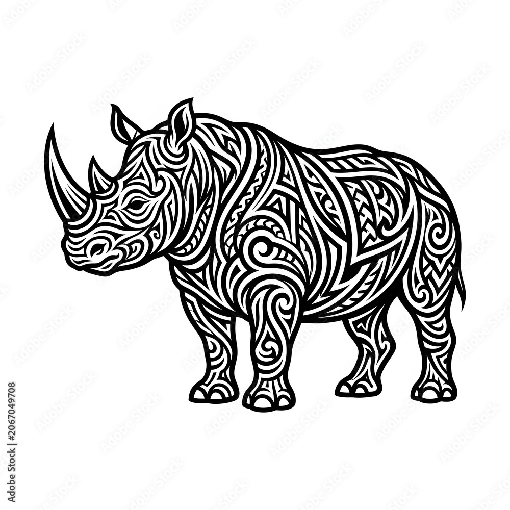 Obraz premium Intricate Black And White Rhino Tattoo Style Illustration.