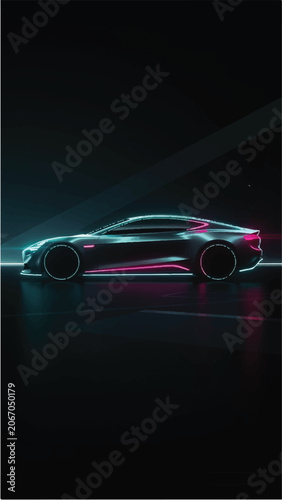 Futuristic sports car profile with glowing neon light streaks background