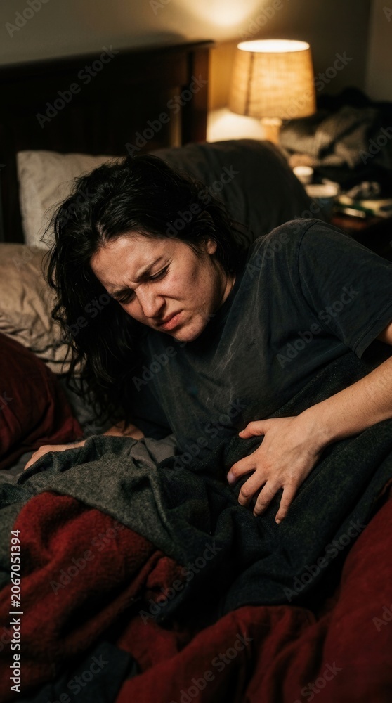 Obraz premium Woman Experiencing Stomach Pain In Bed A Difficult And Painful Moment