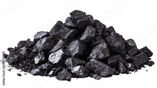 Quadro su tela Isolated dark shiny heap of natural raw coal pieces and dust for industrial ener