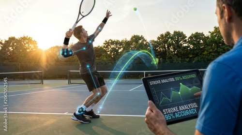 High-tech tennis training with AI stroke analysis sensors for athlete performance optimization