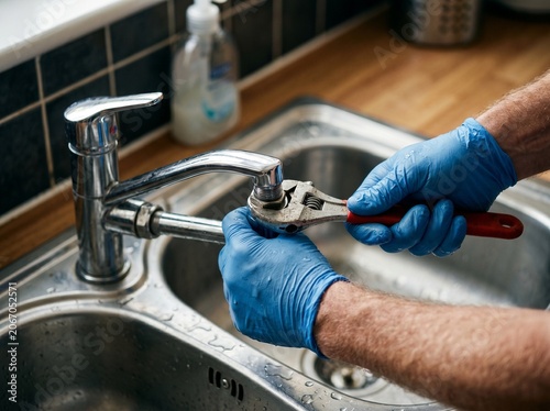 plumber hands blue nitrile gloves adjustable wrench repairing kitchen faucet stainless steel sink closeup
