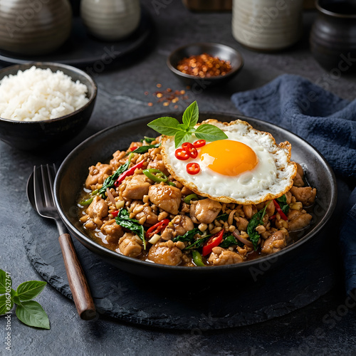 Colorful breakfast dish with fried egg and herbs.