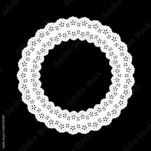 Vintage eyelet lace doily round picture frame, white on black. Decorative scallop border and stencil with copy space for pictures, albums, scrapbooks, holidays, setting table and cake decorating. 