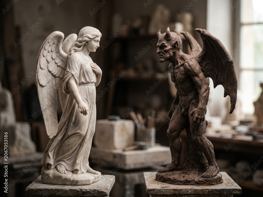 Naklejka premium Angel Devil Statues Marble Clay Good Evil Conceptual Art 