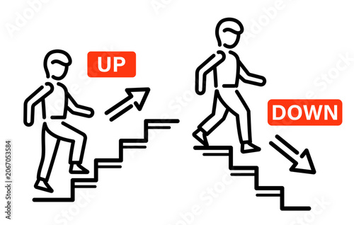 Stairs, person climbing up, walking down staircase. Human moving upstairs, downstairs floor levels. Man lifting by escalator steps. Public building entrance, exit direction arrow warning sign. Vector