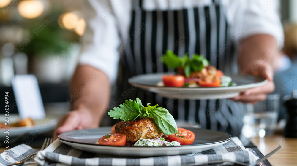 Naklejka premium Close-up of a faceless waiter presenting a dish with an allergen information card beside it at a restaurant table, dining safety and allergen disclosure concept, with copy space
