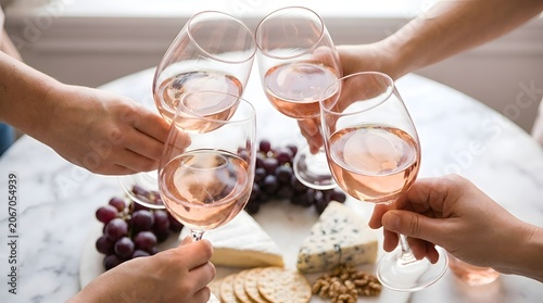 Group of people toasting with glasses of rose wine over a marble table featuring a gourmet cheese platter with red grapes, crackers, and walnuts in a bright interior