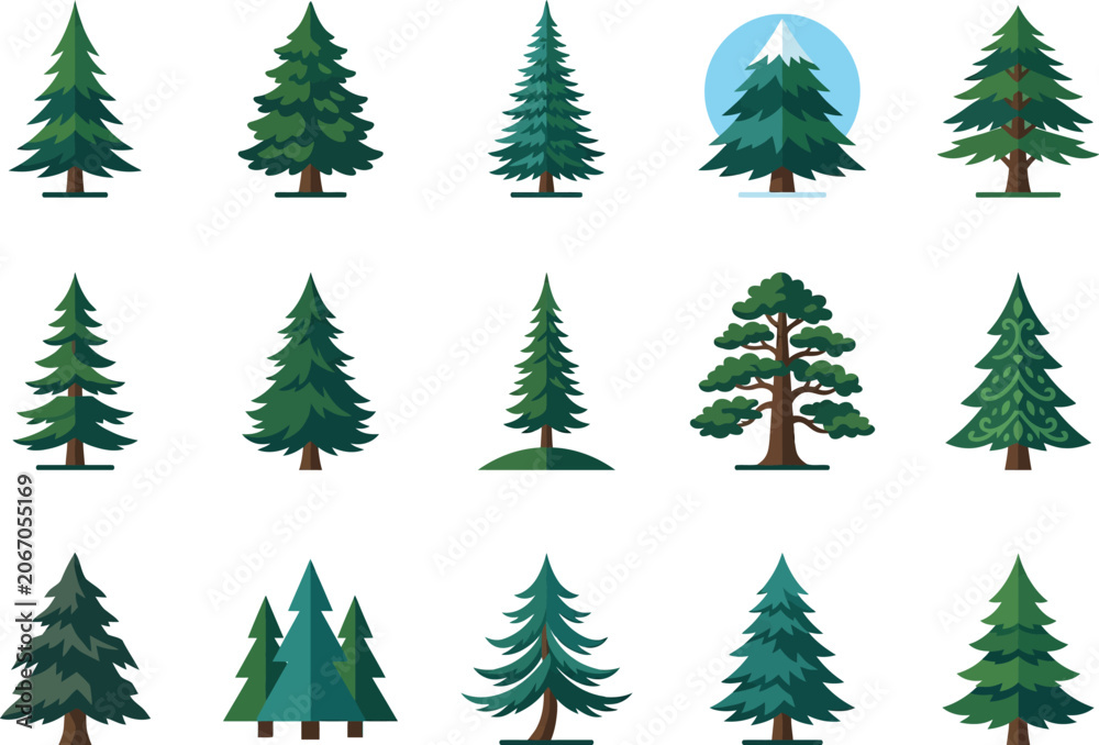Obraz premium Collection of various pine tree illustrations.
