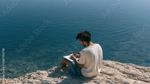 Man writing in a journal on a rocky shore by calm sea for travel banner and lifestyle background use