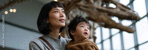 Obraz Mother and child looking up at dinosaur skeleton in natural history museum for family outing background and educational attraction banner design