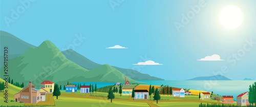 A view of a modern seaside village with a windmill inside.