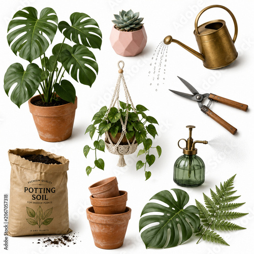Houseplant and Gardening Sticker Set with Monstera and Potting Soil