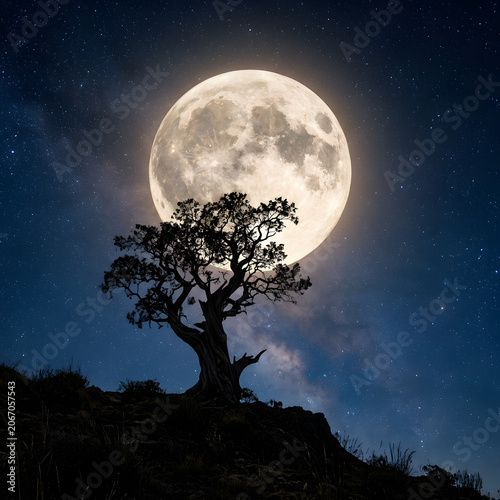 Tree silhouetted against a glowing full moon in night sky.