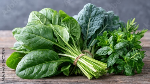 Fresh green spinach, kale, and mint herbs arranged on a wooden table, showcasing vibrant colors and textures of leafy vegetables in a natural setting