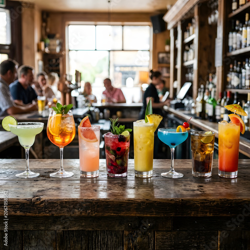 Colorful cocktails with fresh fruit garnishes on bar counter.