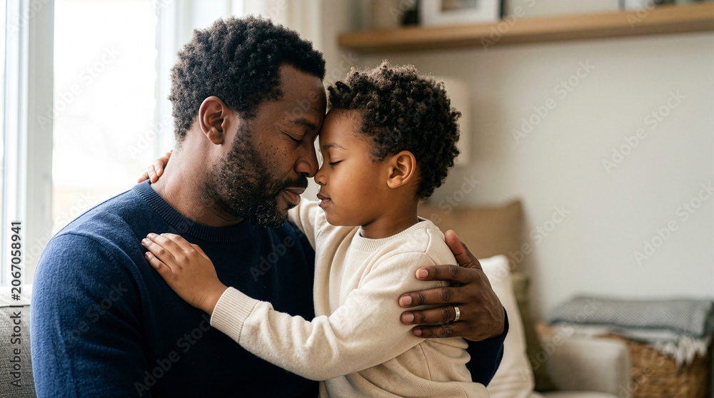 Obraz premium Father and son embracing with eyes closed showing love and connection indoors