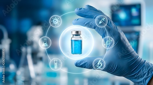 Conceptual digital illustration of a gloved hand holding a glowing blue medicine vial surrounded by holographic scientific icons of DNA viruses and laboratory tools in a clinic.