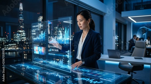 Woman analyzes financial data on futuristic digital screen in modern office