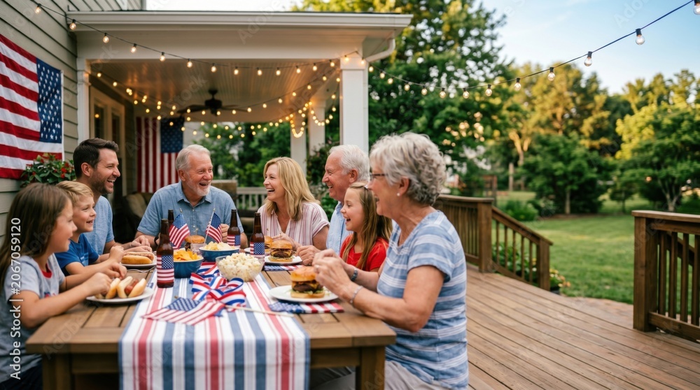 Obraz premium Title: Multi-Generation American Family Celebrating Independence Day with Barbecue Dinner on Backyard Wooden Deck Porch Decorated with USA Flags and String Lights.