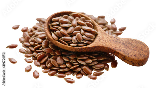 Obraz na plátně Isolated flax seeds in a wooden spoon with scattered linseeds, healthy superfood