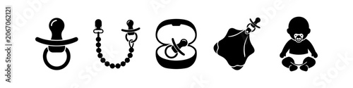Schilderij op canvas Vector set of black baby pacifier icons featuring a soother, clip with chain, storage case, comforter, and infant silhouette