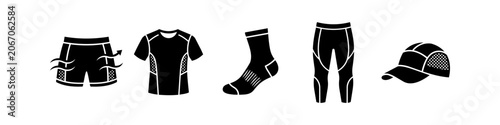 Tableau sur toile Set of black performance sportswear icons including shorts, t-shirt, socks, leggings, and cap