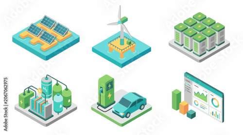 Isometric icons of renewable energy and green technology concepts.