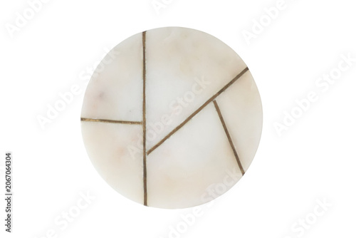 white marble coaster for drinking glasses, white and goald marble texture circle, top down view, isolated on transparent background