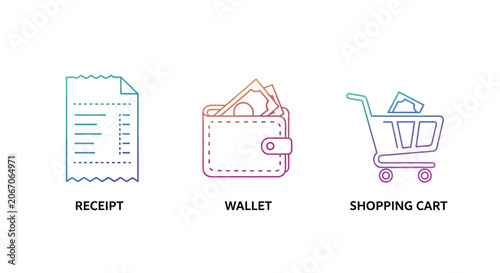 Shopping icons receipt wallet and shopping cart illustrations