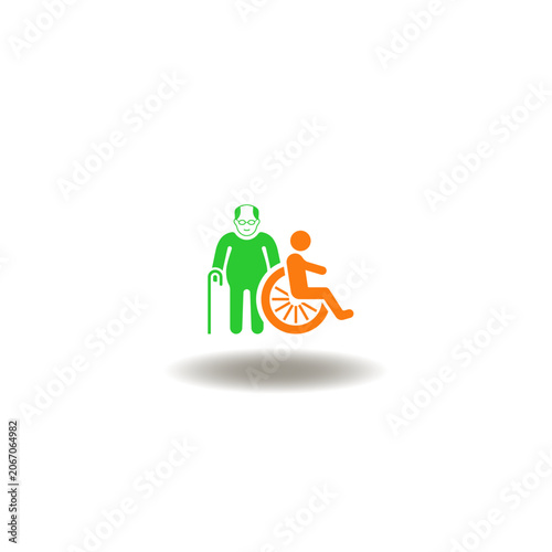 Vector illustration of elderly pensioner and disabled. Symbol of care profession.