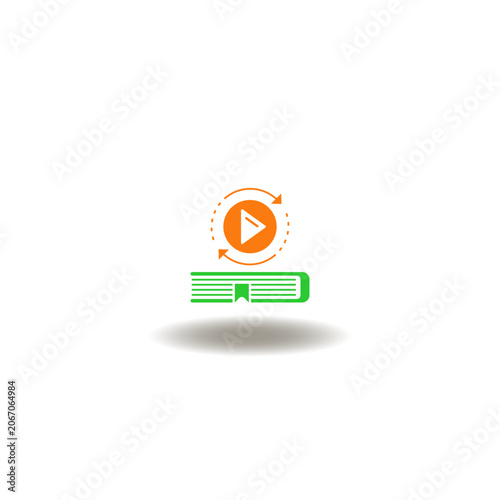 Vector illustration of book and round arrows with play video button. Symbol of course module. Icon of e-learning technology.