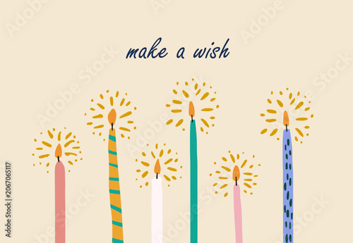 Make a Wish Greeting Banner with Six Lit Stylish Candles, Horizontal Birthday Card for Celebration, Christmas, Party Invitation, Holiday Greeting, Festival Event and Festive Candle Illustration