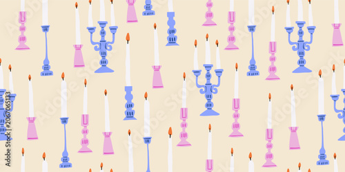 Seamless Pattern with Pink and Blue Candle Holders on Beige Background, Minimalist Cozy Autumn Decor, Elegant Scandinavian Candlestick Print for Gender Reveal Party, Textile, Wrapping Paper
