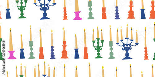 Minimalist Seamless Pattern with Modern Candle Holders and Yellow Candles on White Background, Elegant Scandinavian Home Decor