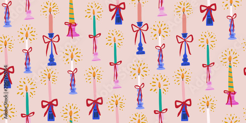 Seamless Pattern with Colorful Lit Candles, Red Bows and Pink Background, Girly Birthday Party Decor, Cozy Festive Celebration, Cute Feminine Candle Print for Wrapping Paper, Textile and Stationery