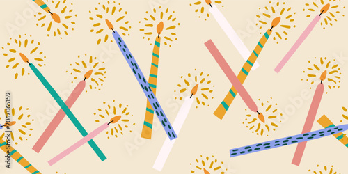 Seamless Pattern with Glowing Colorful Candles on Beige Background, Scandinavian Birthday and Christmas Print, Cozy Celebration Surface Design with Hand Drawn Candlelight for Wrapping Paper and Kids