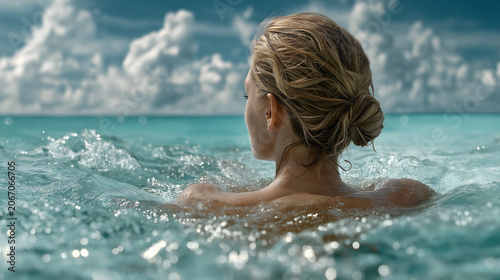 A woman seen from behind is swimming alone in the blue ocean