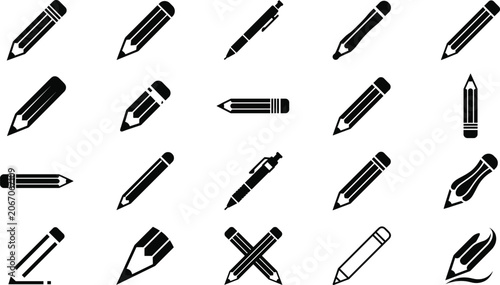 Cuadro en lienzo Pencil and pen writing stationery icon set featuring black silhouettes of sharp